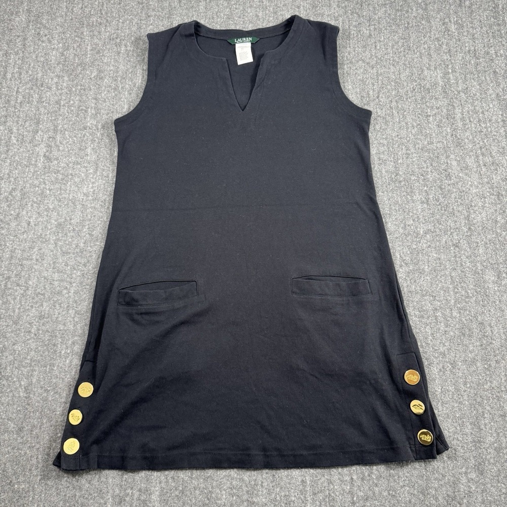 Lauren Ralph Lauren Women's M Black Cotton Sleeveless Dress Gold Button Detail